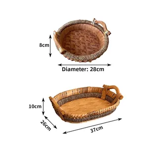 Detailed size chart for handmade round and oval rattan baskets with woven side handles