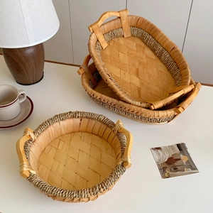Handmade Woven Wood Chip Storage Basket Retro Rustic Fruit Plate With Handles Desktop Organizer For Snacks Bread