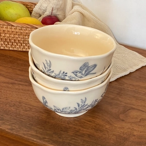 French vintage ceramic bowls with blue bird patterns and scalloped edges set of 3