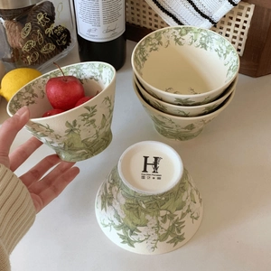5-inch ceramic lily of the valley rice bowls with green floral pattern for home dining