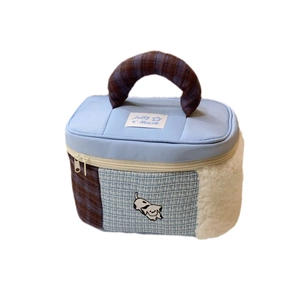 Cartoon patchwork large makeup bag with Jolly House tag and blue checkered handle