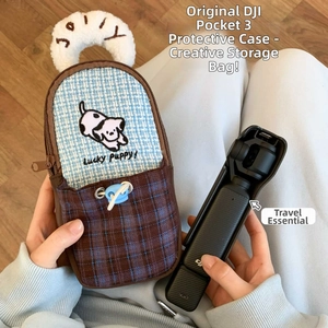 Handheld view of a lucky puppy fabric bag for DJI Pocket 3 showing protective camera fit