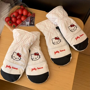Detail of Hello Kitty winter ski gloves with waterproof fabric and non-slip palm grip