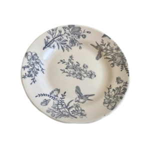 French vintage ceramic dinner plate with elegant grey floral and bird pattern