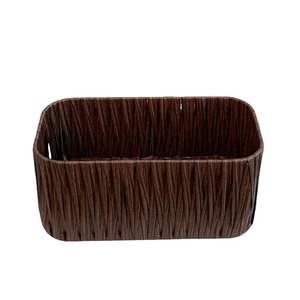 Deep brown hand-woven rectangular storage basket for desktop makeup and sundries