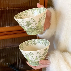 Set of 2 lily of the valley ceramic bowls in retro pastoral style with V-shaped design