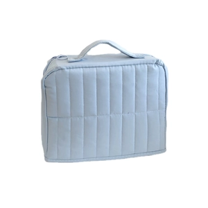 Vertical quilted light blue cosmetic bag with top handle and large capacity
