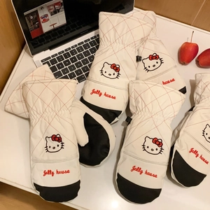 Detail of Hello Kitty embroidered ski gloves with quilted pattern and durable palms