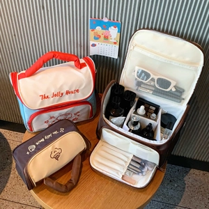 Large capacity puppy cosmetic bags with interior dividers and portable handle handles