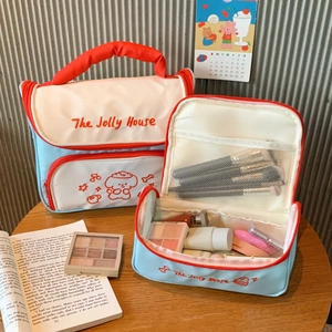 Cute blue puppy makeup bag set with handle and large capacity for skincare storage