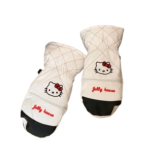 Waterproof white cat ski mittens with red diamond stitching and thermal fleece lining