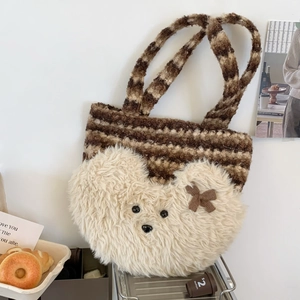 Cute Plush Bear Tote Bag Women Brown Cream Striped Faux Fur Handbag Large Capacity Autumn Winter Casual Soft