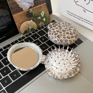 Portable Foldable Air Cushion Hairbrush With Mirror Leopard Print ABS Plastic Small Travel Massage Combs