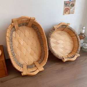 Two-piece handmade woven wood storage basket set with handles for fruit and snacks