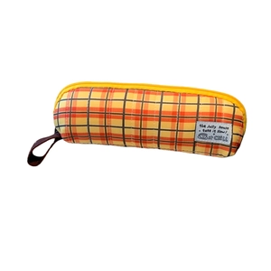 Large capacity plaid pencil case with orange yellow checkered pattern and hand strap