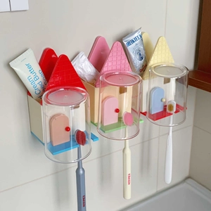 Portaspazzolino Creativo a Forma di Casetta Montaggio a Parete Con Bicchiere Plastica Senza Fori Organizzatore per Bagno di Famiglia