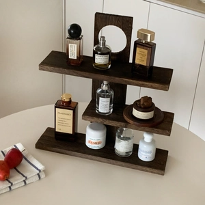 Three-tier walnut wood display rack with tiered shelves for perfumes and cosmetics