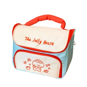 Blue and white large capacity makeup bag with puppy embroidery and sturdy handles
