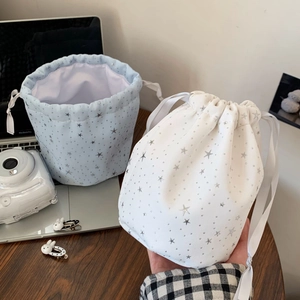 Portable cotton drawstring makeup bag set with silver star print for cosmetics storage