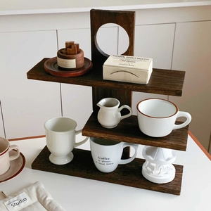 Vintage Solid Wood Desktop Storage Rack Cosmetic Tea Cup Display Shelf Irregular Design