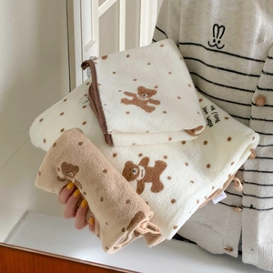 Absorbent coral fleece towel set featuring cute polka dot bear patterns in beige and camel