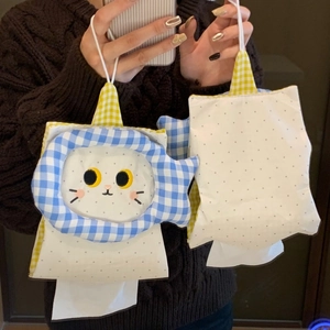 Hanging cat tissue bag in blue plaid and yellow polka dots with soft fabric embroidery