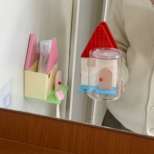Portaspazzolino a parete a forma di casa con base colorata e bicchiere