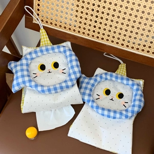 Cute cat-shaped hanging tissue holder in white polka dot fabric and blue checkered accents