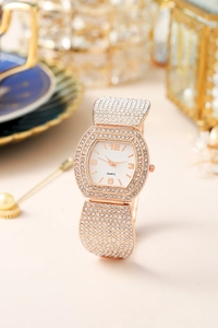 Detailed luxury tonneau-shaped watch with rose gold rhinestones and white quartz dial