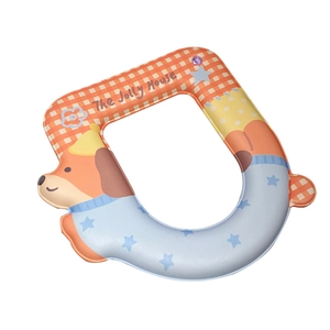 Cartoon dachshund padded U-shaped toilet seat cover with waterproof orange plaid design