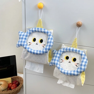 Close-up of cat-themed hanging tissue holder with blue checkered trim and embroidery