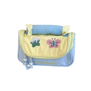 Handheld high-capacity plaid pencil case with colorful butterfly embroidery and blue tassel
