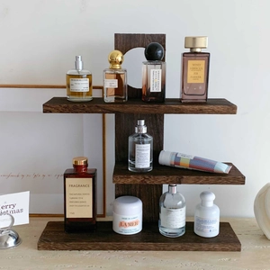 Three-tier solid wood storage shelf for perfumes and cosmetics in a warm walnut finish