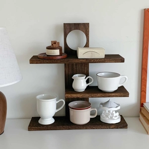 Three-tier solid wood display rack with dark grain finish for home storage and decor