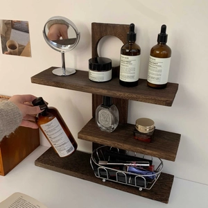 Three-tier vintage dark walnut wood floating shelf for cosmetics and decor display