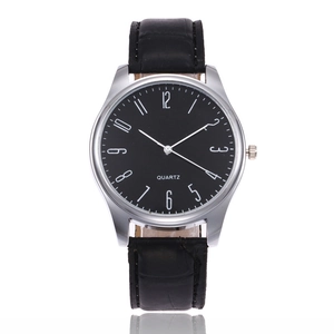 Classic men's business quartz watch with black leather bamboo pattern strap and silver case