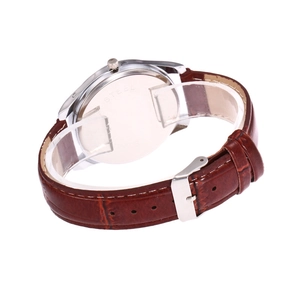 Business quartz watch with brown bamboo pattern leather strap and silver steel case back
