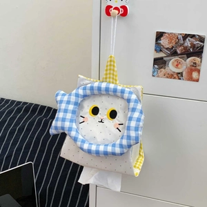 Detail of hanging cat tissue holder with blue checkered fabric and feline embroidery