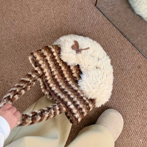 Cute Korean style plush tote bag with brown stripes and bow detail for autumn winter