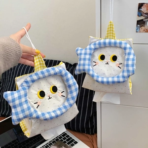 Hanging cat-shaped tissue box covers in blue and yellow checkered fabric for home or car
