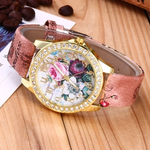 Elegant rose quartz watch for women with rhinestones and pink floral leather strap