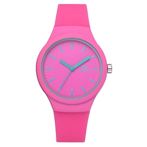 Montre sport en silicone rose pour femme avec aiguilles bleu clair et cadran à quartz