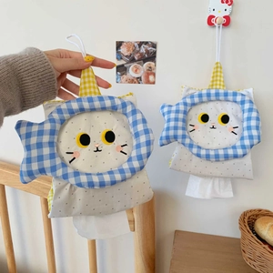 Hanging plush cat tissue holder with embroidered face and blue checkered fish detail