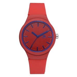 Montre à quartz rouge pour femme avec bracelet en silicone mat et index bleus