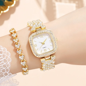 Orologio al quarzo quadrato dorato di lusso per donna con set di bracciali in strass al polso