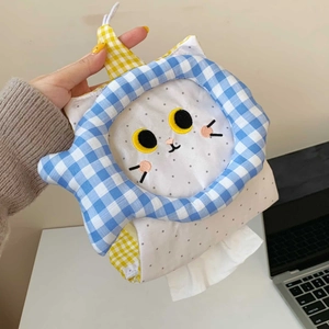 Detail of cute cat tissue holder with polka dot cotton fabric and embroidery detail