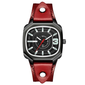 Montre à quartz carrée vintage avec bracelet en cuir rouge et cadran noir mixte