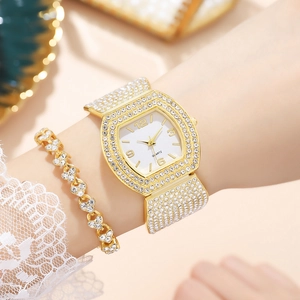 Luxury tonneau-shaped women's watch set with crystal-encrusted bezel and heart bracelet