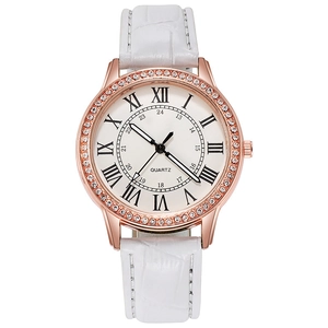 Elegant rose gold quartz watch with rhinestone bezel and white leather strap