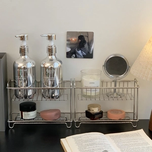 Two-tier stainless steel organizer shelf with sturdy metal frame and non-slip feet for desk